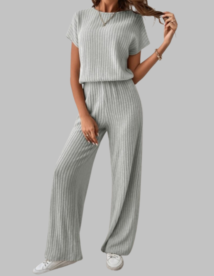 Nora™ | Women's Ribbed Two Piece Set Short Sleeve Top Wide Leg Pants