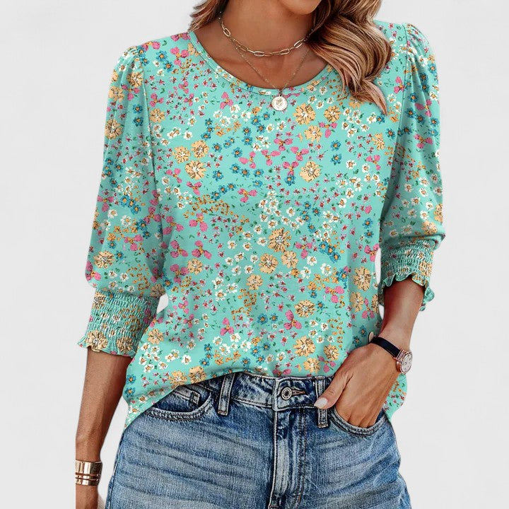 Harper™ | Women's Smocked Cuff 3/4 Sleeve Crew Neck Top