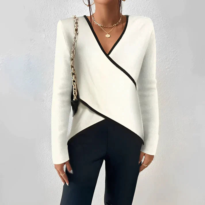 Nora™ | Women's V-Neck Long Sleeve Top Color Block Wrap Blouse