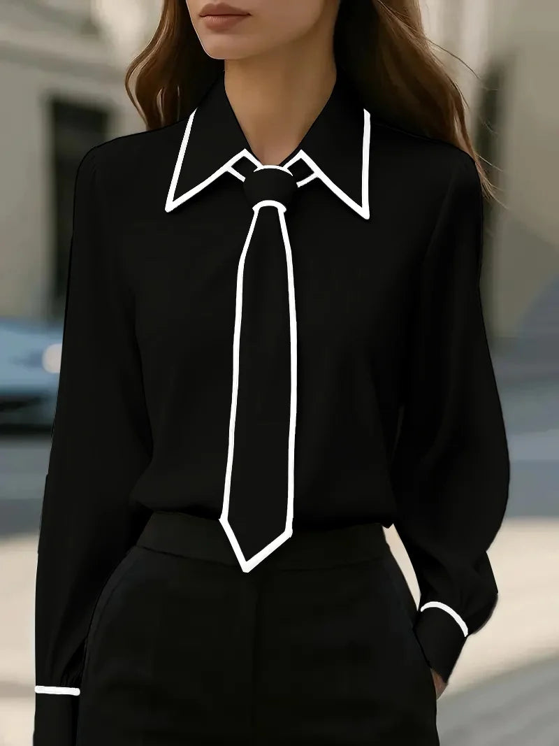 Vivian™ | Women's Long Sleeve Tie Neck Blouse Contrast Collar