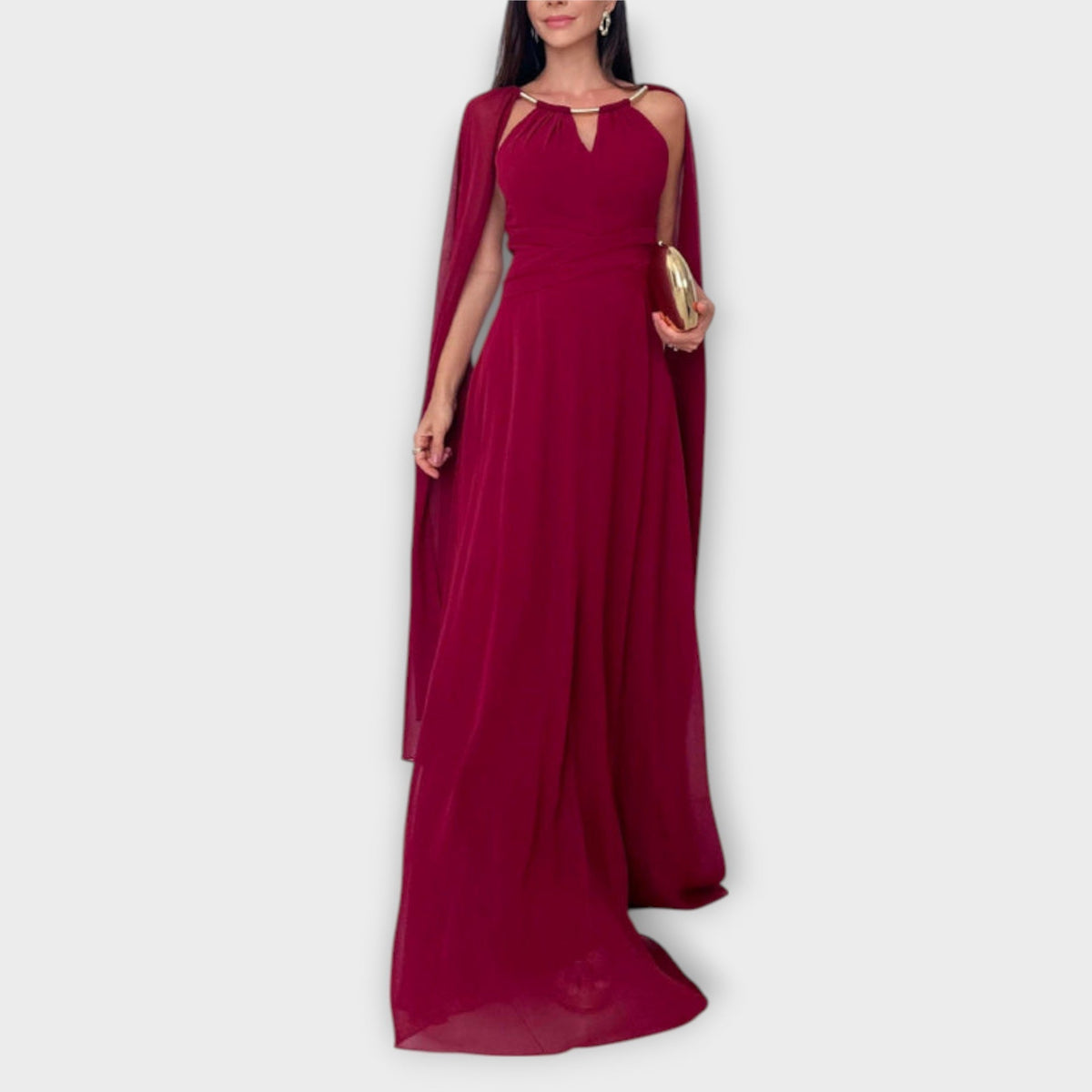 Style200™ | Chic Maxi Dress with Cape Sleeves & High Slit