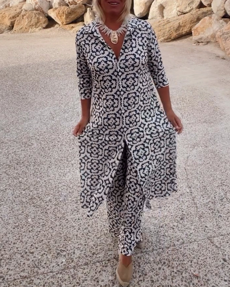Mosa™ | Women's Printed Two Piece Set Longline Shirt Straight Pants