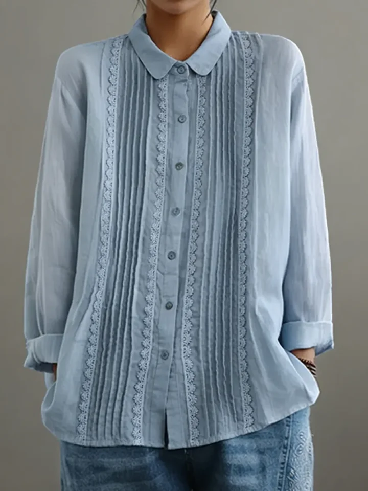 Claire™ | Women's Lace Trim Button-Up Long Sleeve Blouse