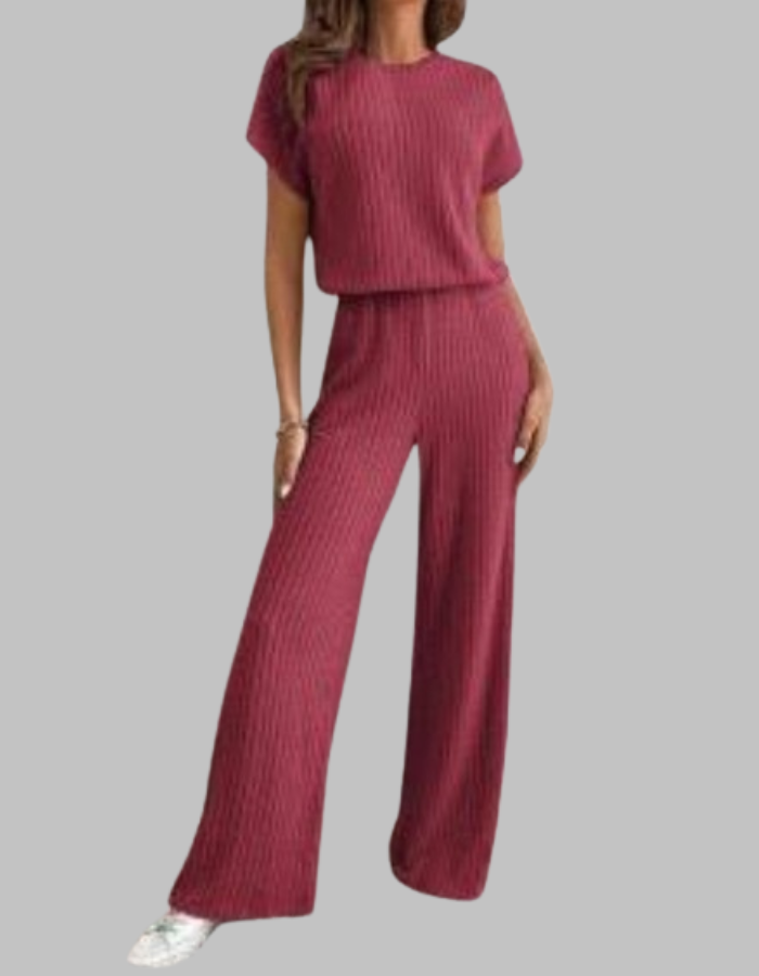 Nora™ | Women's Ribbed Two Piece Set Short Sleeve Top Wide Leg Pants