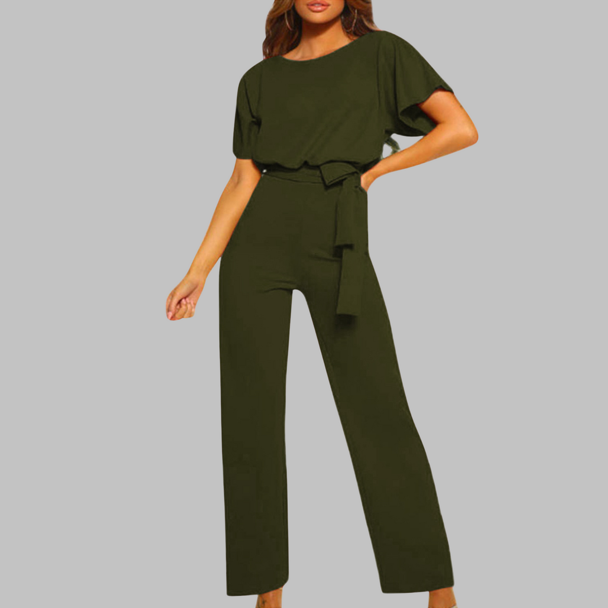 Sunny™ | Women's Belted Wide Leg Jumpsuit Batwing Sleeve Crewneck