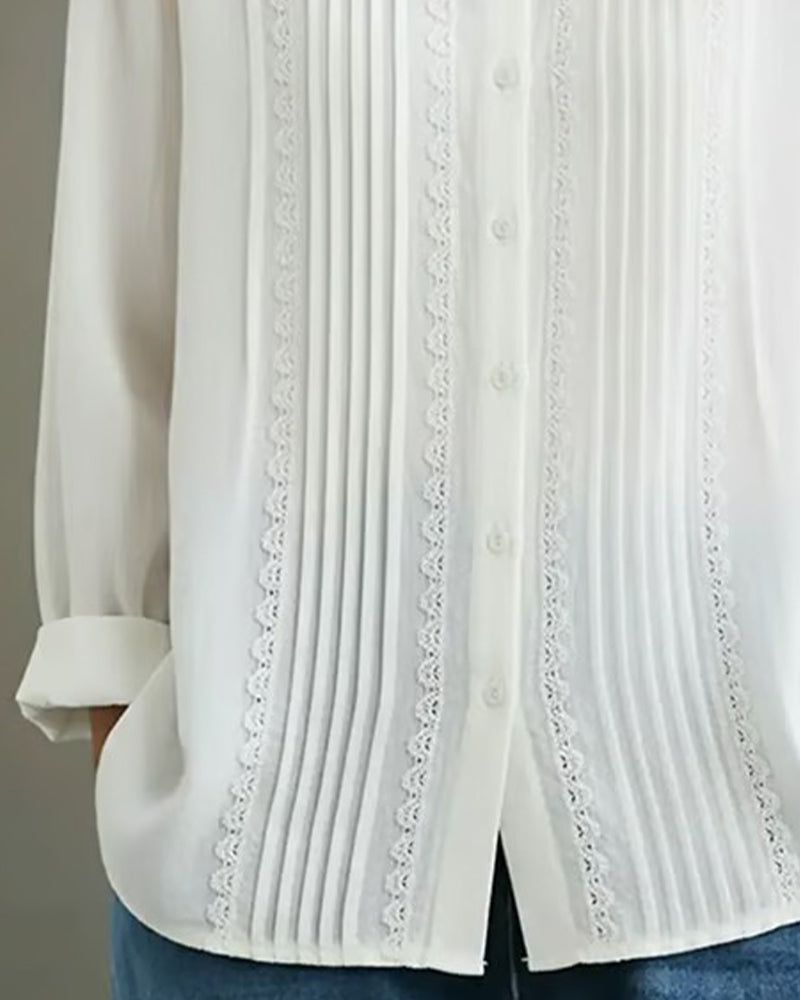 Claire™ | Women's Lace Trim Button-Up Long Sleeve Blouse