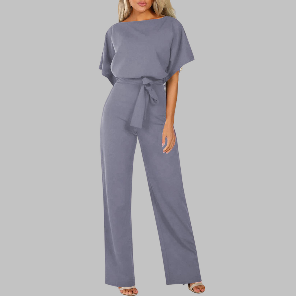 Sunny™ | Women's Belted Wide Leg Jumpsuit Batwing Sleeve Crewneck