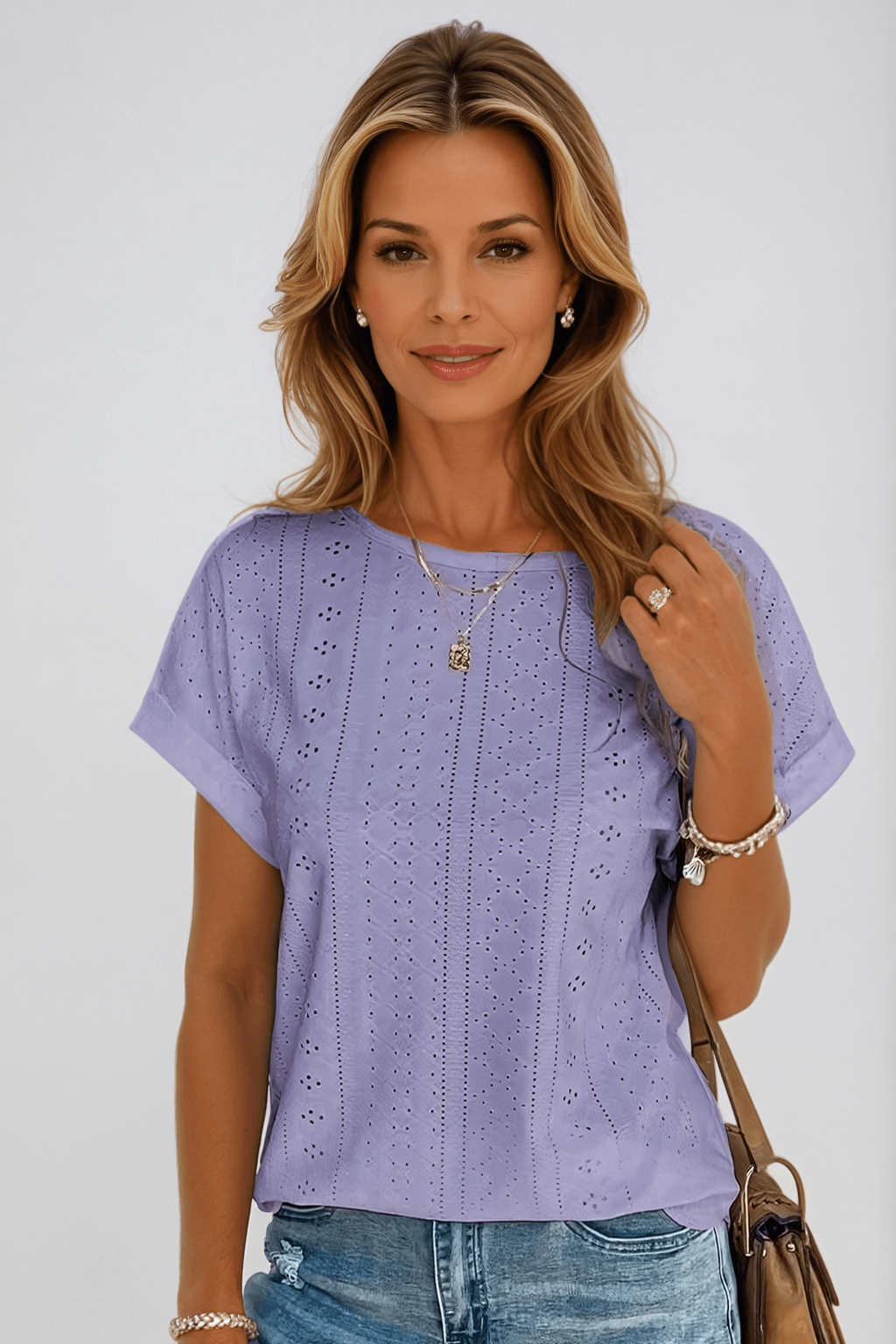 Pearl™ | Women's Eyelet Embroidered Crew Neck Short Sleeve Top