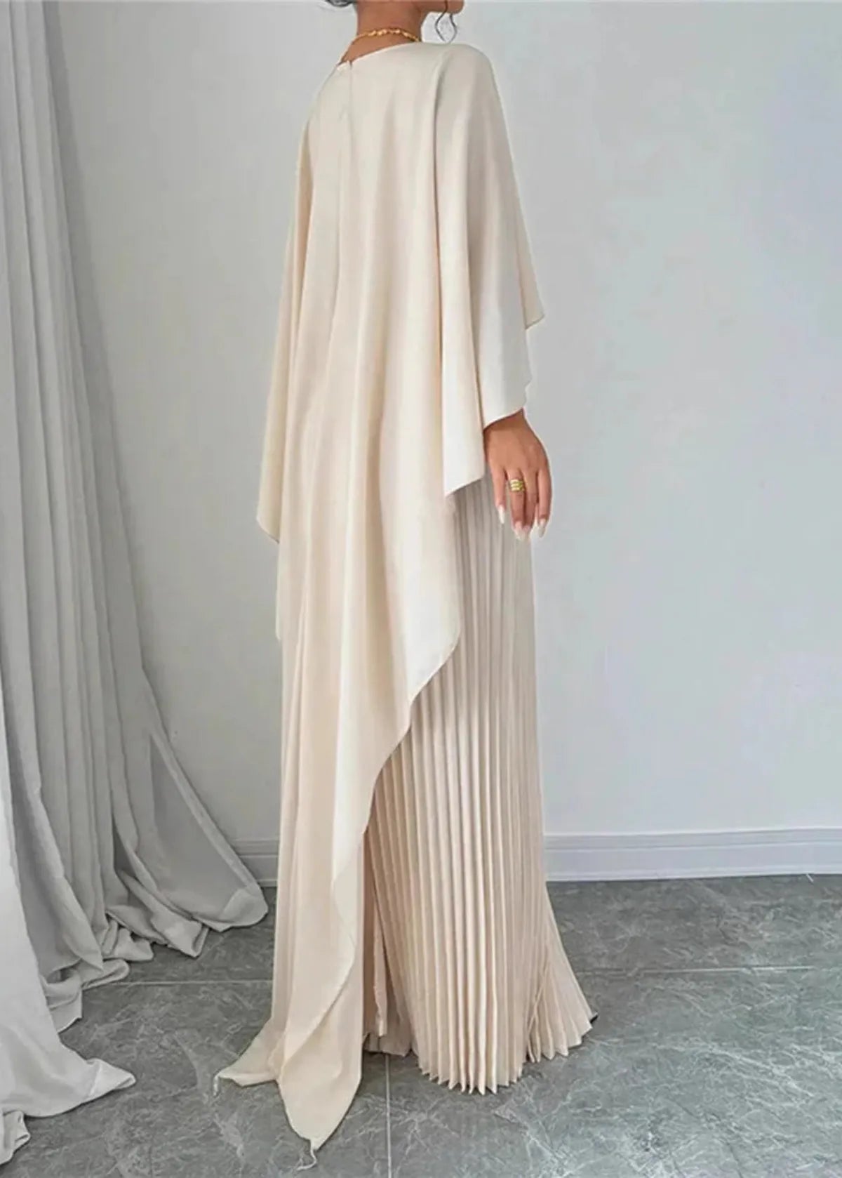 Angela™ | Women’s Pleated Cape Overlay Maxi Dress