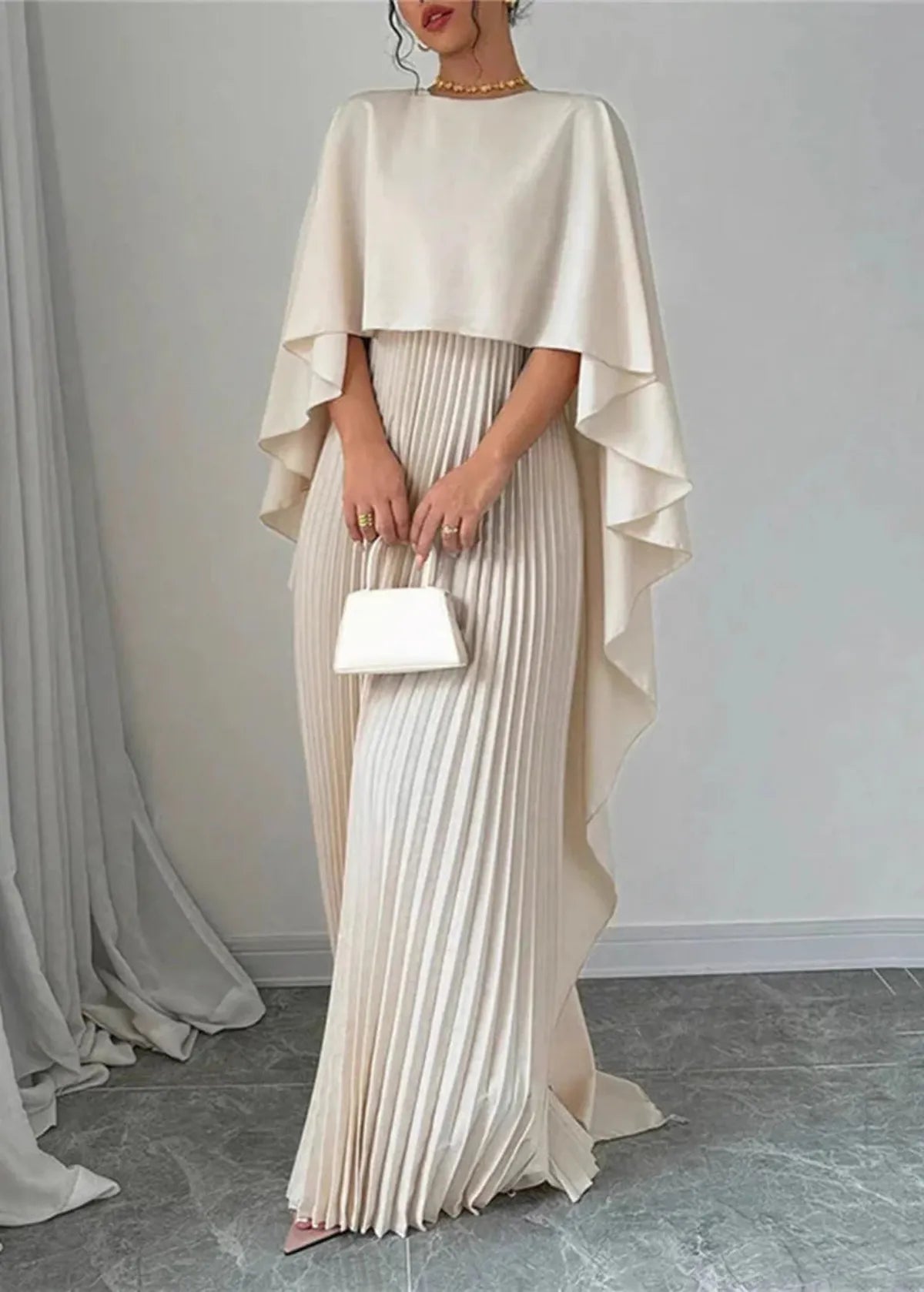 Angela™ | Women’s Pleated Cape Overlay Maxi Dress