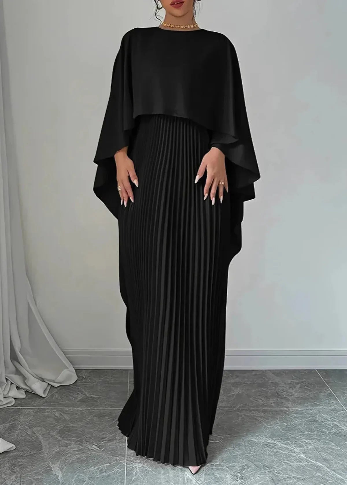 Angela™ | Women’s Pleated Cape Overlay Maxi Dress