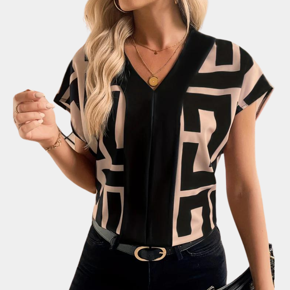 Vivian™ | Women's Geometric Print V-Neck Short Sleeve Blouse