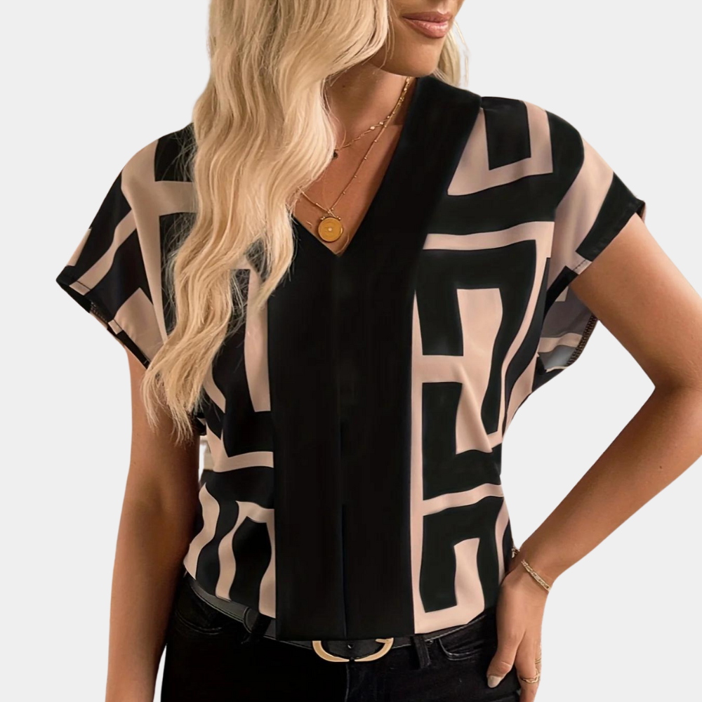 Vivian™ | Women's Geometric Print V-Neck Short Sleeve Blouse