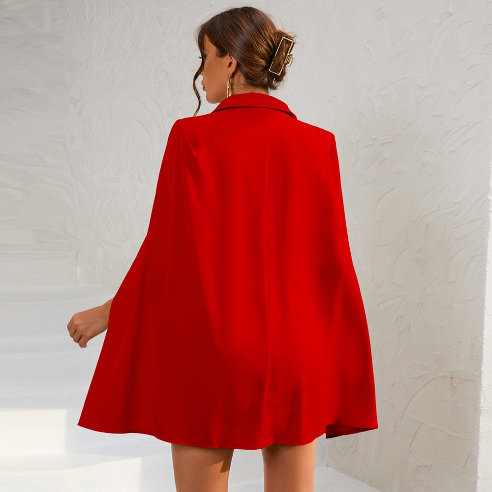 Vera™ | Chic Cape Blazer Mini Dress with Belt & Gold Accents