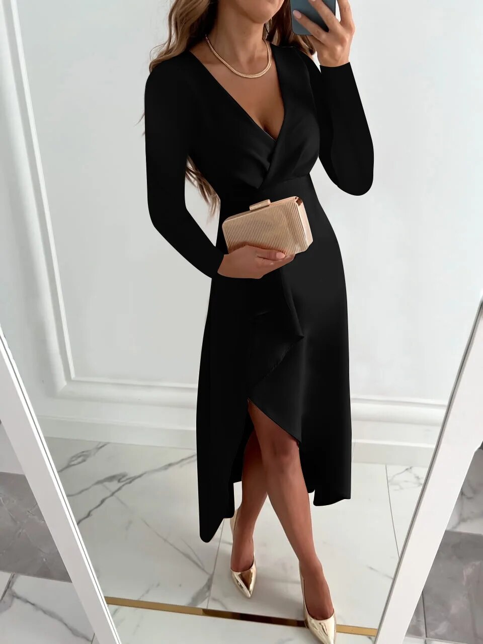 Florence™ | Chic V-Neck Midi Dress with Stylish Slit