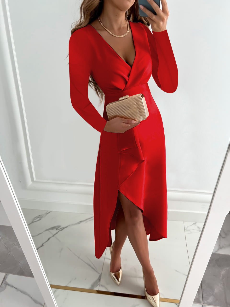 Florence™ | Chic V-Neck Midi Dress with Stylish Slit