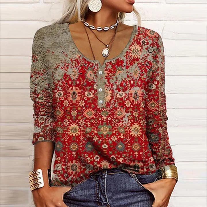 Zara™ | Women's Boho Print Long Sleeve Top V-Neck Henley Blouse