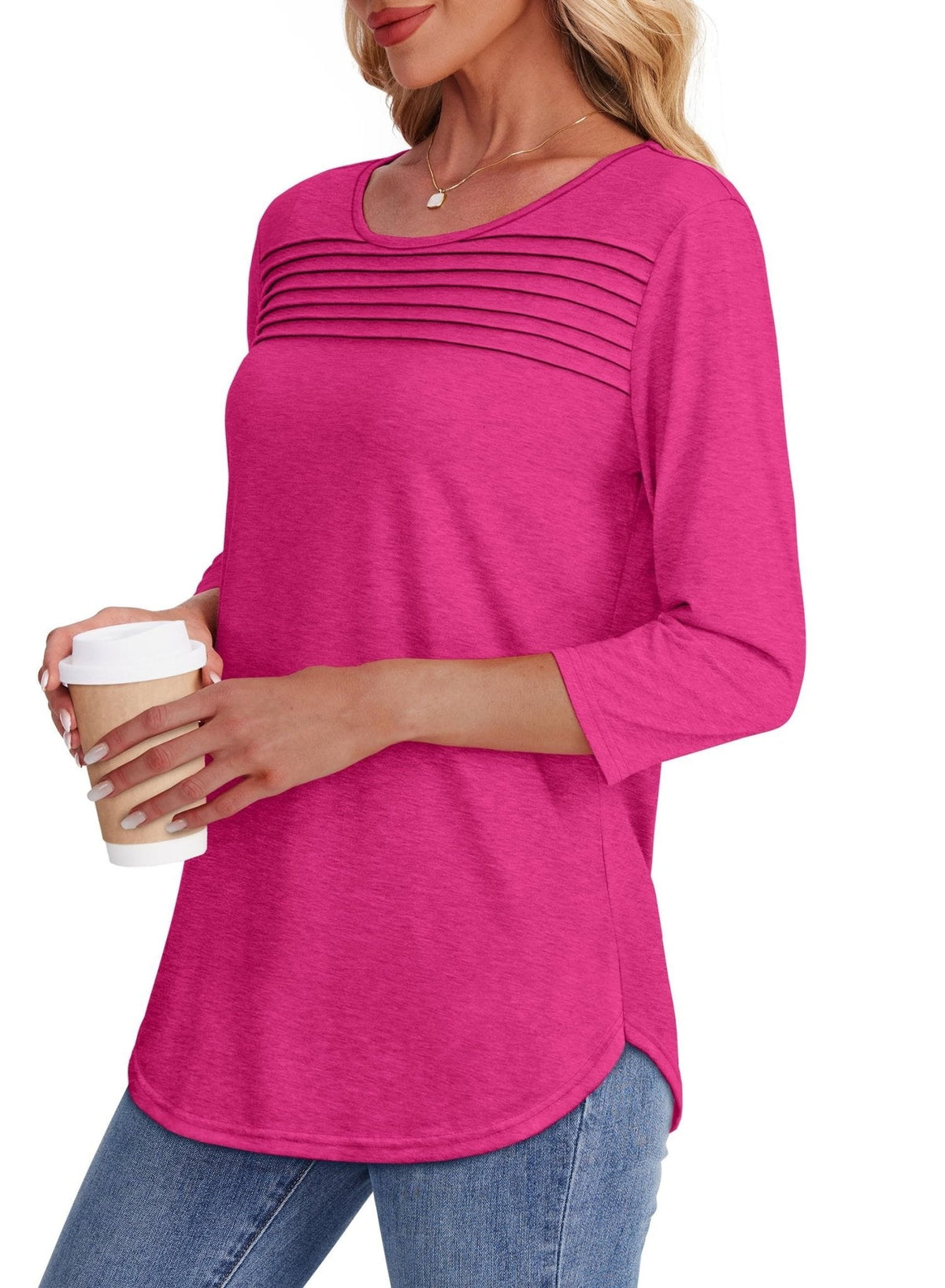 Lena™ | Women's Crew Neck 3/4 Sleeve Pleated Chest Top