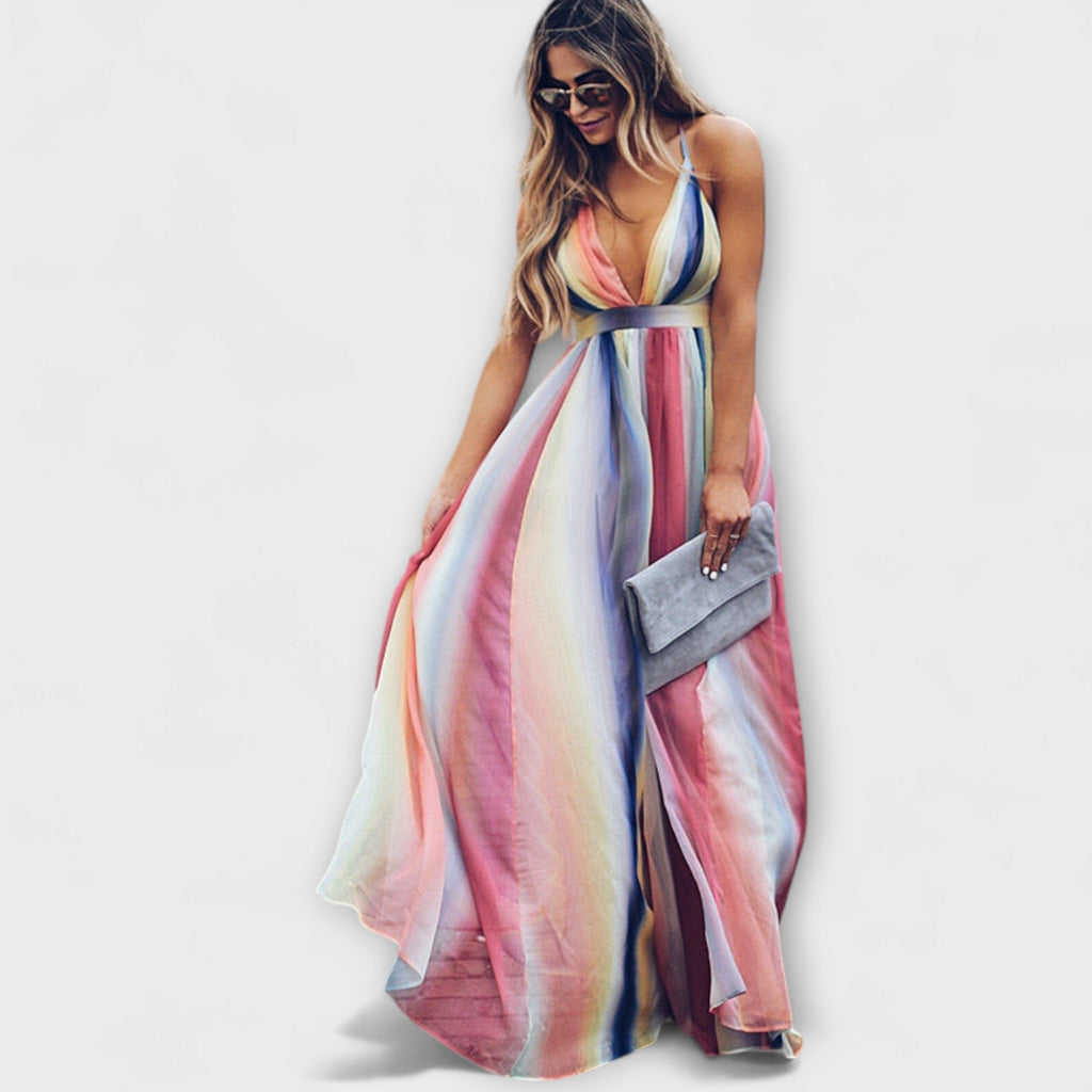 Style200™ | V-Neck Multicolored Striped Women's Dress for Every Occasion