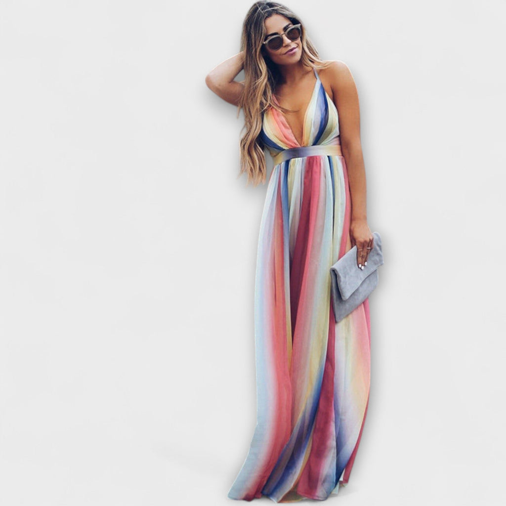 Style200™ | V-Neck Multicolored Striped Women's Dress for Every Occasion