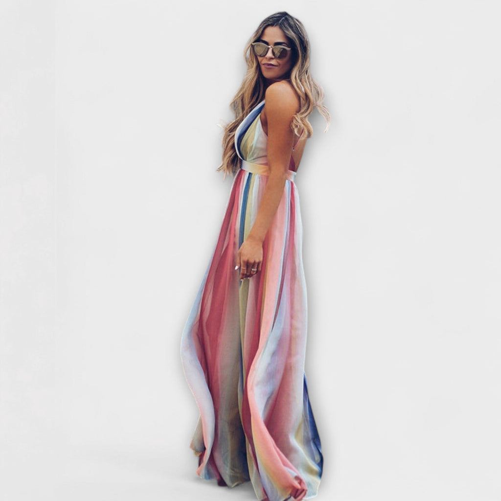 Style200™ | V-Neck Multicolored Striped Women's Dress for Every Occasion