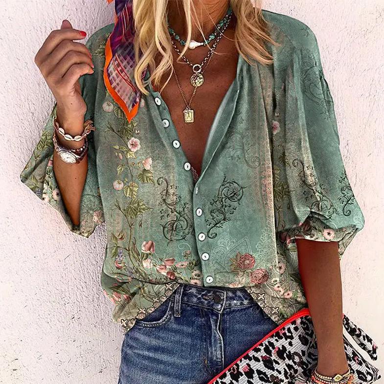 Zara™ | Women's Boho Print Blouse V-Neck Long Sleeve Button Down