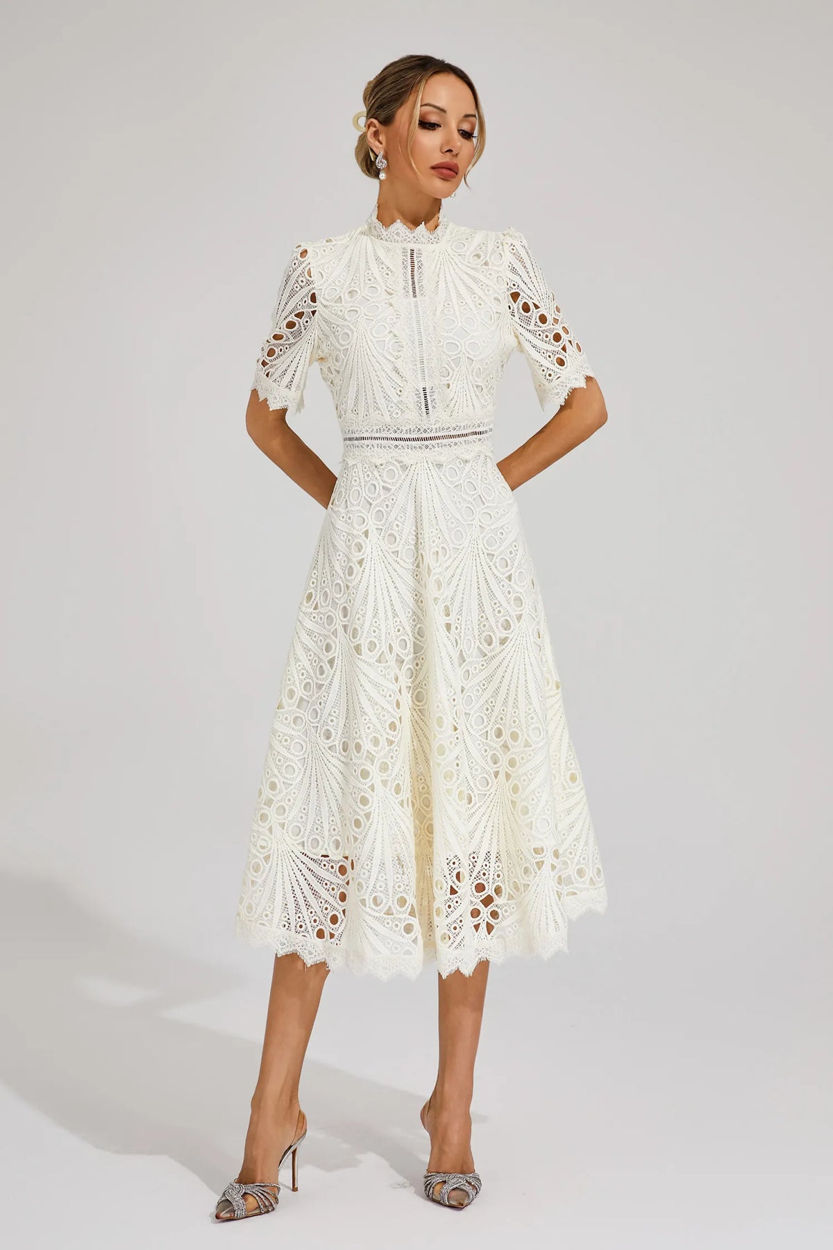 Mirabel™ | Chic Lace Midi Dress for Weddings & Events