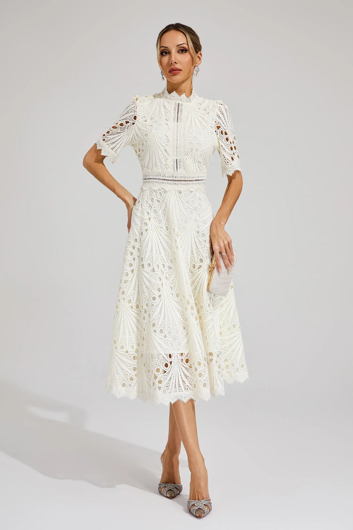 Mirabel™ | Chic Lace Midi Dress for Weddings & Events