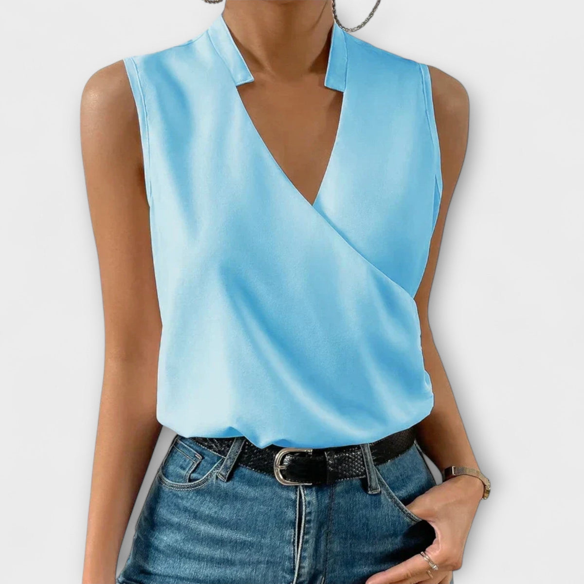 Nina™ | Women's Sleeveless Wrap V-Neck Top Collared Blouse