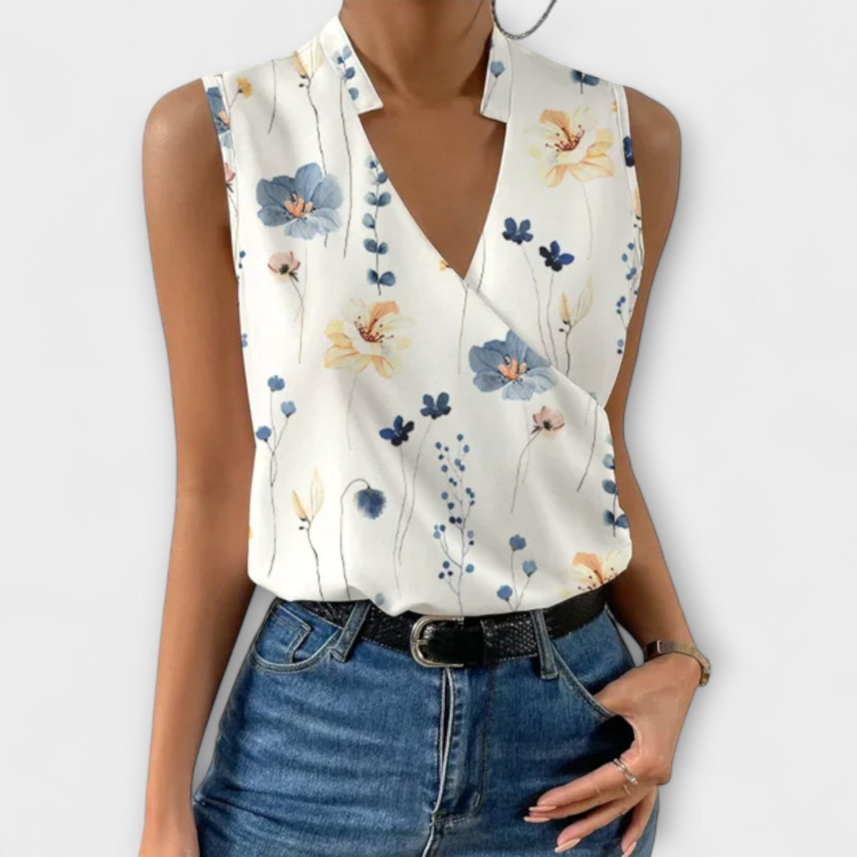 Nina™ | Women's Sleeveless Wrap V-Neck Top Collared Blouse
