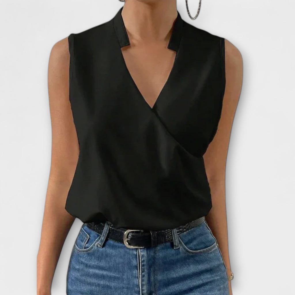 Nina™ | Women's Sleeveless Wrap V-Neck Top Collared Blouse
