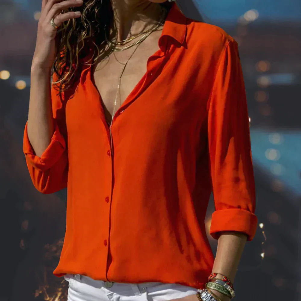 Stella™ | Women's Satin Button Down Shirt Long Sleeve Blouse