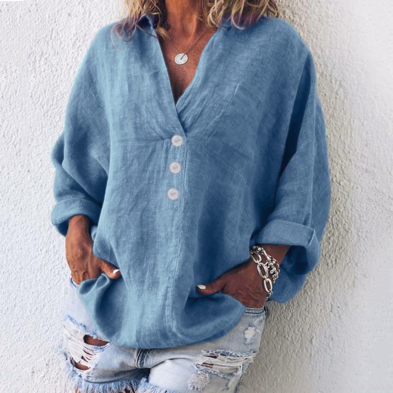 Breeze™ | Women's V-Neck Oversized Top Long Sleeve Button