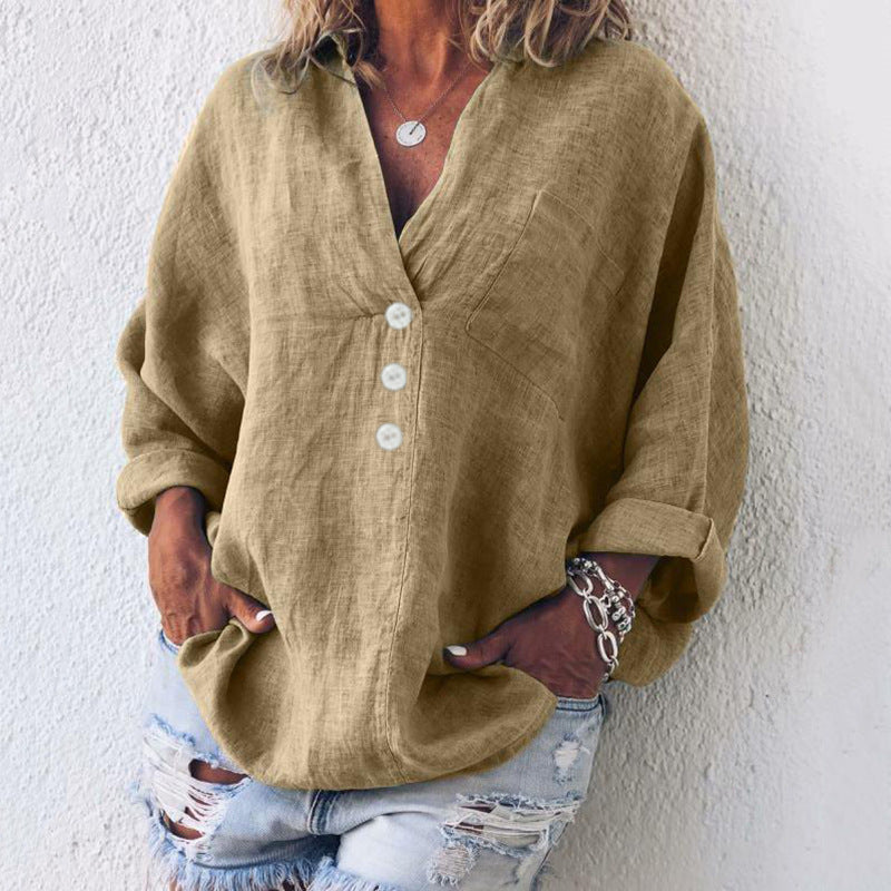 Breeze™ | Women's V-Neck Oversized Top Long Sleeve Button