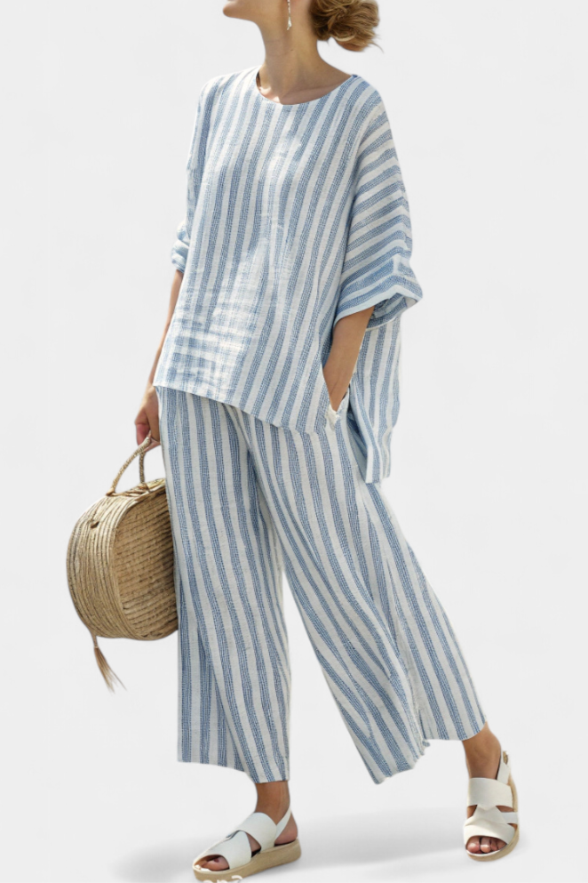 Marina™ | Women's Striped Casual Top & Wide Leg Pants Set