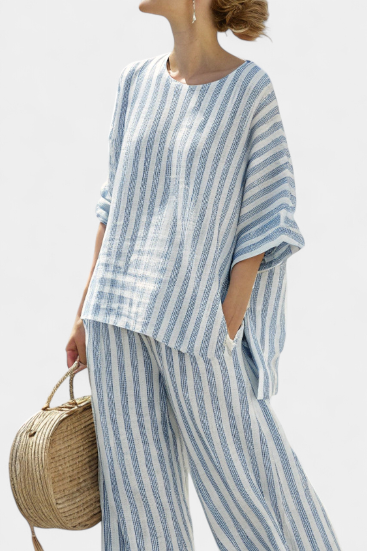 Marina™ | Women's Striped Casual Top & Wide Leg Pants Set