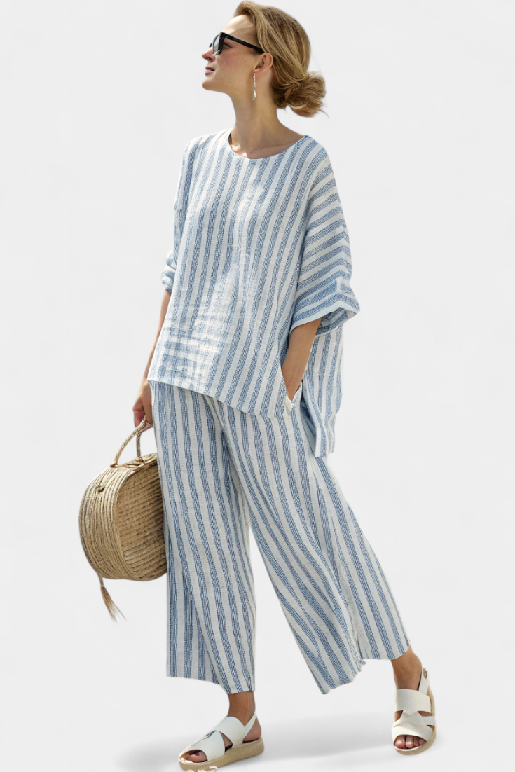 Marina™ | Women's Striped Casual Top & Wide Leg Pants Set