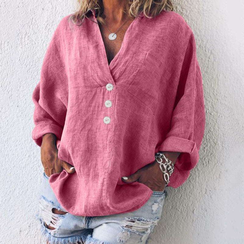 Breeze™ | Women's V-Neck Oversized Top Long Sleeve Button