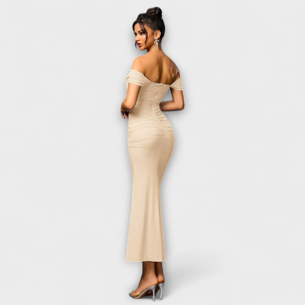 Style200™ | Ione - Chic Off-Shoulder Ruched Dress for Any Occasion
