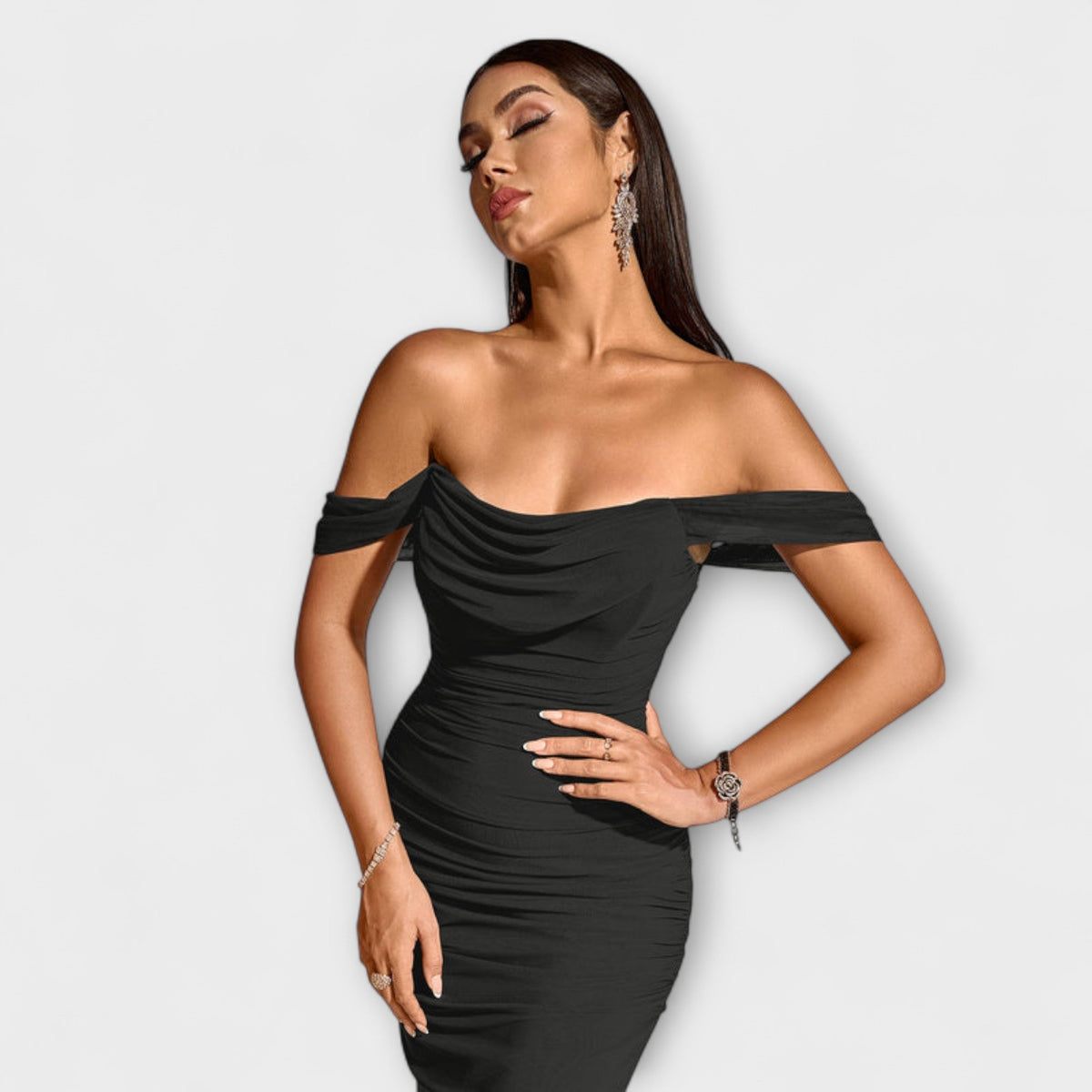 Style200™ | Ione - Chic Off-Shoulder Ruched Dress for Any Occasion