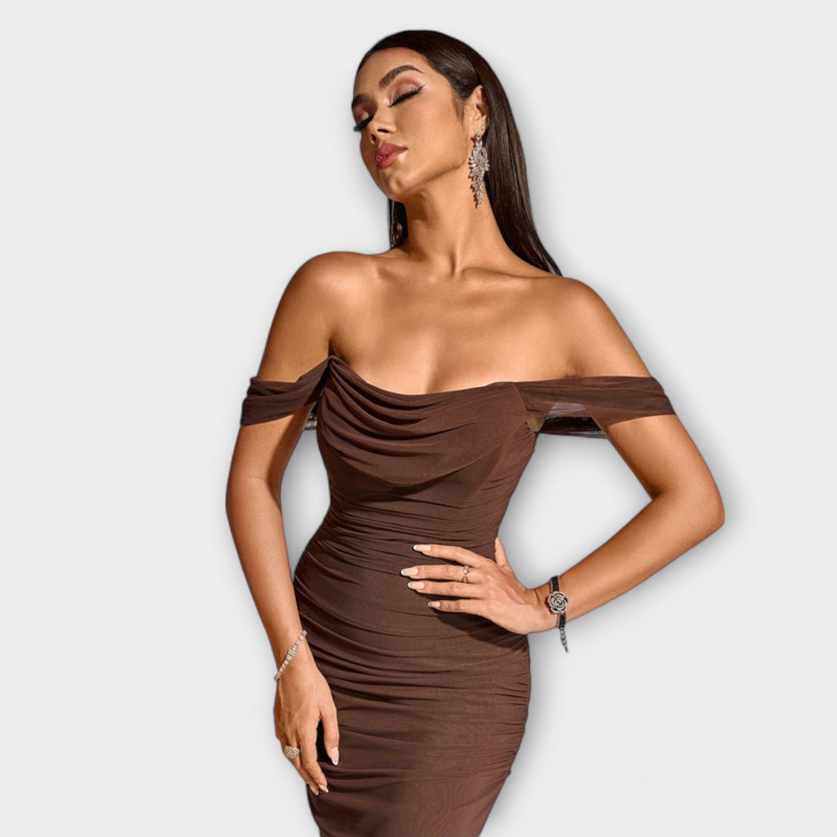 Style200™ | Ione - Chic Off-Shoulder Ruched Dress for Any Occasion