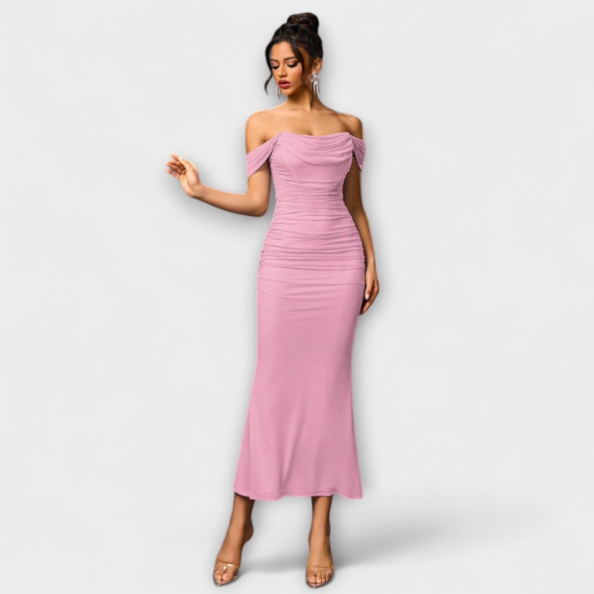 Style200™ | Ione - Chic Off-Shoulder Ruched Dress for Any Occasion