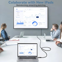 People working in a meeting room with laptops and a large screen displaying graphs.
