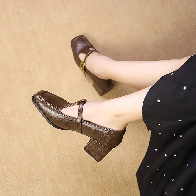 Odette™ | Women's Square Toe Mary Jane Heels Block Heel Gold Buckle