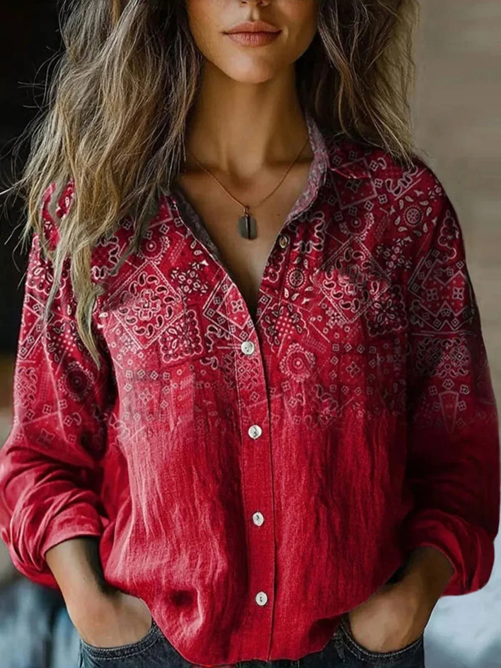 Autumn™ | Women's Vintage Floral Print Long Sleeve Button-Down Shirt