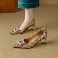 Stella™ | Women's Glitter Block Heel Pumps Pointed Toe Crystal Buckle