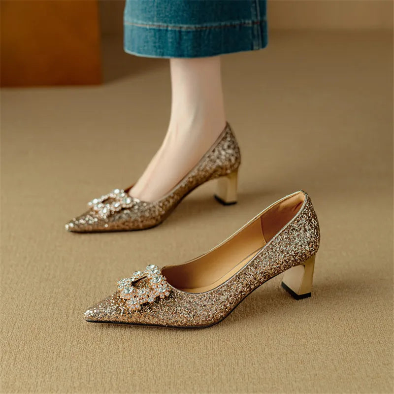 Stella™ | Women's Glitter Block Heel Pumps Pointed Toe Crystal Buckle