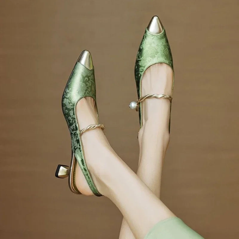 Fleur™ | Women's Pearl Strap Slingback Kitten Heels Pointed Toe Pumps
