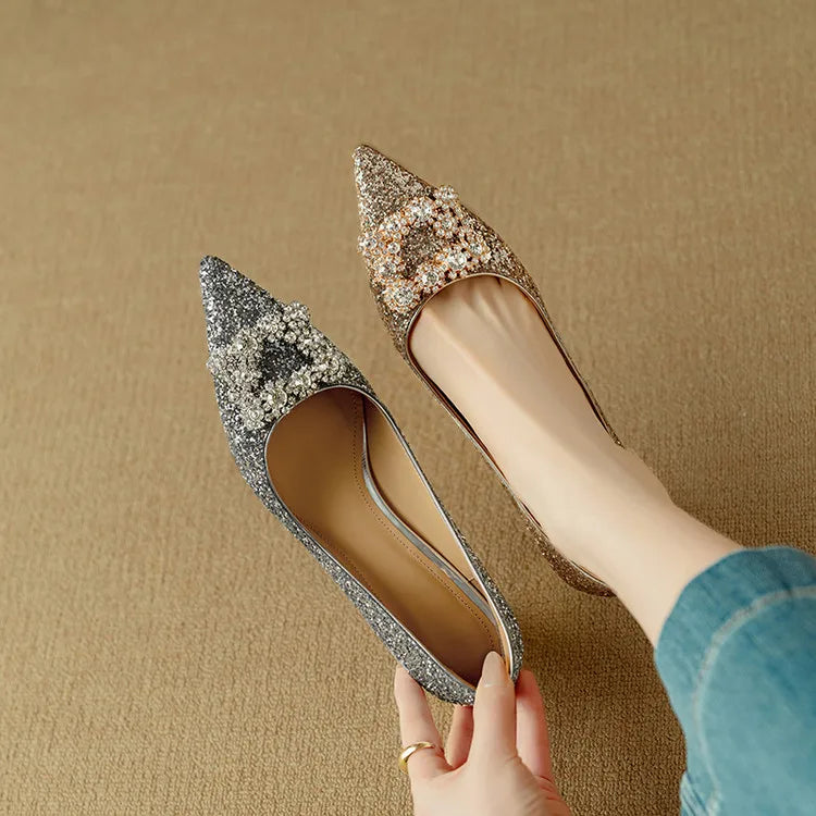 Stella™ | Women's Glitter Block Heel Pumps Pointed Toe Crystal Buckle