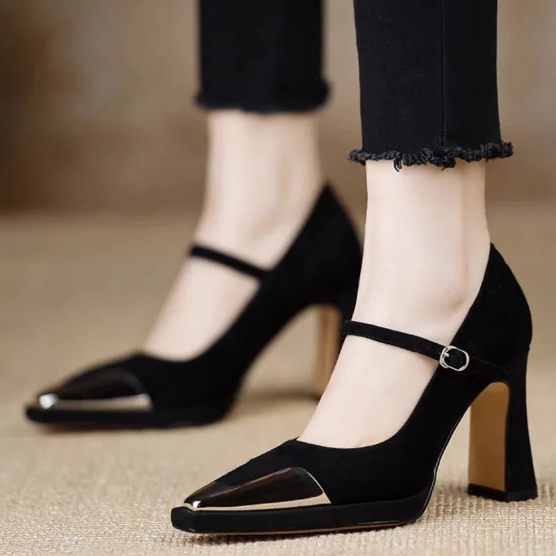Serena™ | Women's Mary Jane High Heel Pumps Cap Toe Block Heel Strap